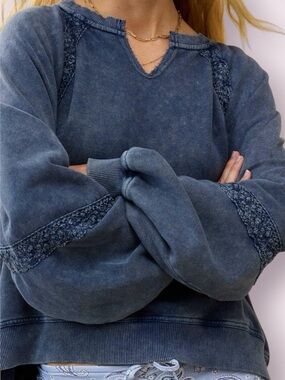 Aerie Hey Crochet Mineral Wash Blue Sweatshirt Crochet Lace Detail Oversize XS